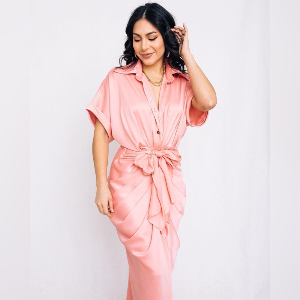 New Silky Button Down Front Tie Midi
Dress - Pink